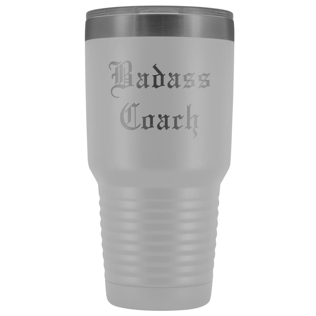 Unique Coach Gift: Personalized Badass Coach Cheerleading Gym Softball Baseball Old English Insulated Tumbler 30 oz $38.95 | White Tumblers