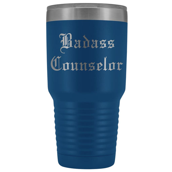 Unique Counselor Gift: Personalized Badass Counselor Teacher Thank You Gift Idea Old English Insulated Tumbler 30 oz $38.95 | Blue Tumblers