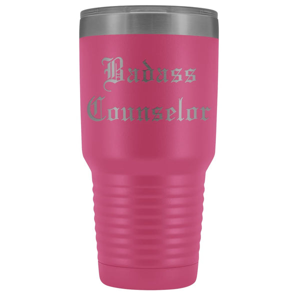 Unique Counselor Gift: Personalized Badass Counselor Teacher Thank You Gift Idea Old English Insulated Tumbler 30 oz $38.95 | Pink Tumblers