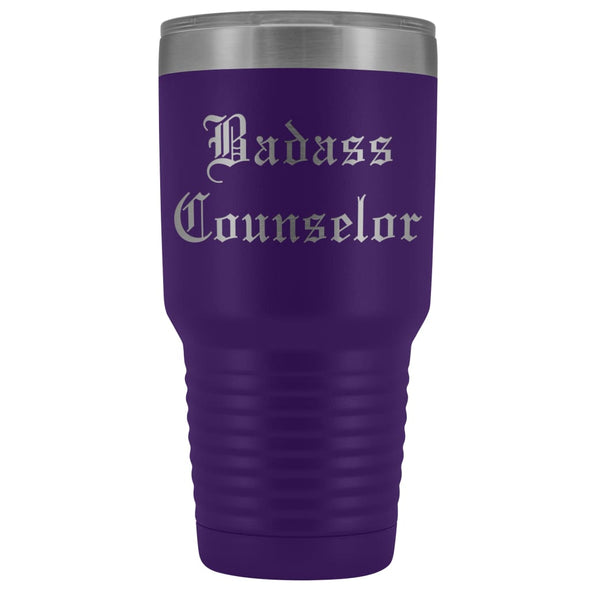 Unique Counselor Gift: Personalized Badass Counselor Teacher Thank You Gift Idea Old English Insulated Tumbler 30 oz $38.95 | Purple