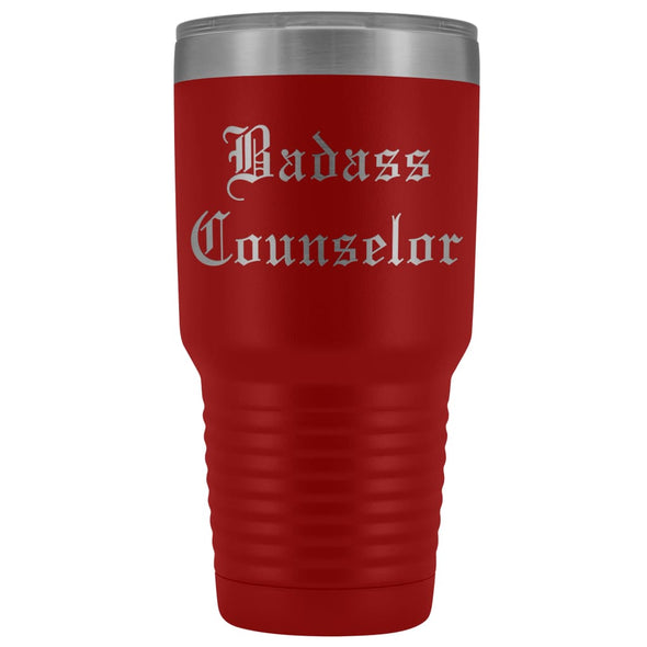 Unique Counselor Gift: Personalized Badass Counselor Teacher Thank You Gift Idea Old English Insulated Tumbler 30 oz $38.95 | Red Tumblers