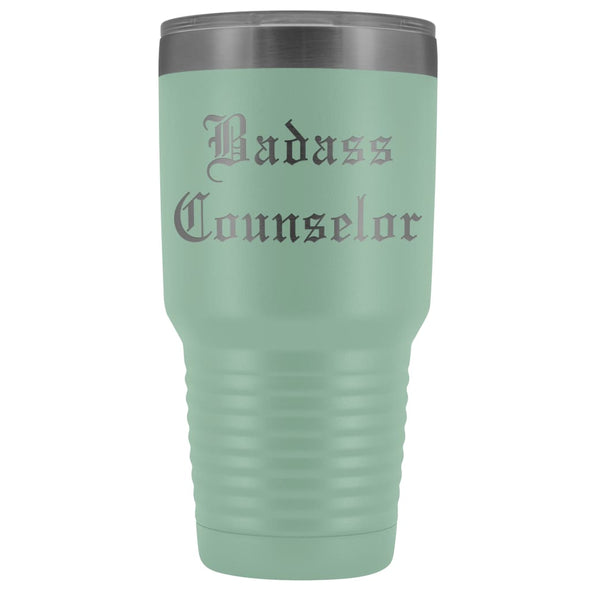 Unique Counselor Gift: Personalized Badass Counselor Teacher Thank You Gift Idea Old English Insulated Tumbler 30 oz $38.95 | Teal Tumblers