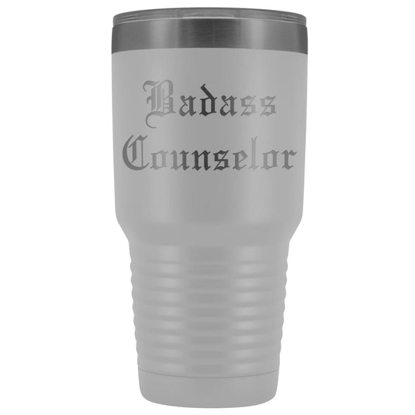 Unique Counselor Gift: Personalized Badass Counselor Teacher Thank You Gift Idea Old English Insulated Tumbler 30 oz $38.95 | White Tumblers