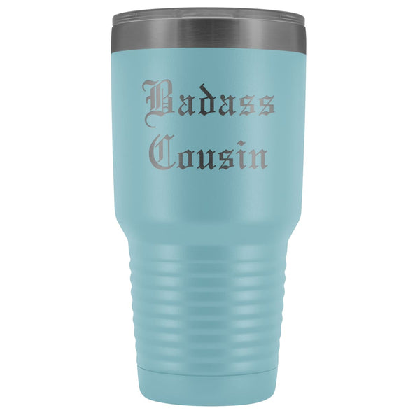 Unique Cousin Gift: Old English Badass Cousin Insulated Tumbler 30 oz $38.95 | Light Blue Tumblers