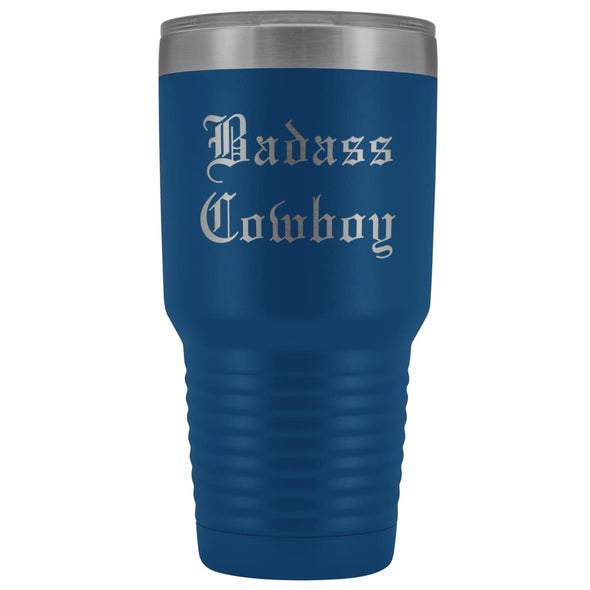 Unique Cowboy Gift: Personalized Badass Cowboy Fathers Day Christmas Gift Idea Old English Insulated Tumbler 30 oz $38.95 | Blue Tumblers