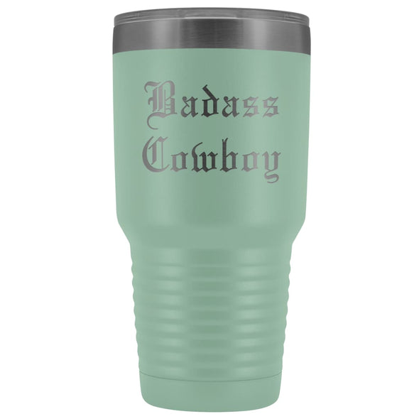 Unique Cowboy Gift: Personalized Badass Cowboy Fathers Day Christmas Gift Idea Old English Insulated Tumbler 30 oz $38.95 | Teal Tumblers