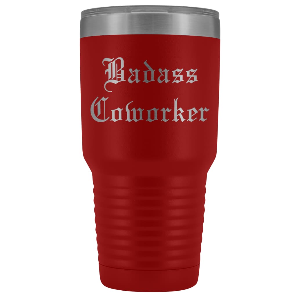Unique Coworker Gift: Personalized Badass Coworker Going Away Birthday Christmas Old English Insulated Tumbler 30 oz $38.95 | Red Tumblers