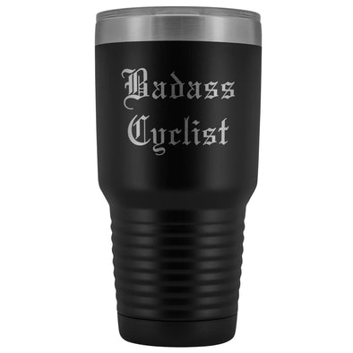 Unique Cycling Gift: Personalized Badass Cyclist Cool Fathers Day Birthday Bicycle Old English Insulated Tumbler 30 oz $38.95 | Black