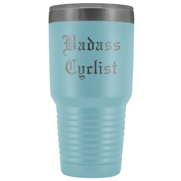 Unique Cycling Gift: Personalized Badass Cyclist Cool Fathers Day Birthday Bicycle Old English Insulated Tumbler 30 oz $38.95 | Light Blue