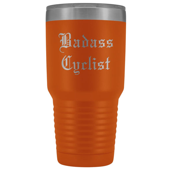 Unique Cycling Gift: Personalized Badass Cyclist Cool Fathers Day Birthday Bicycle Old English Insulated Tumbler 30 oz $38.95 | Orange