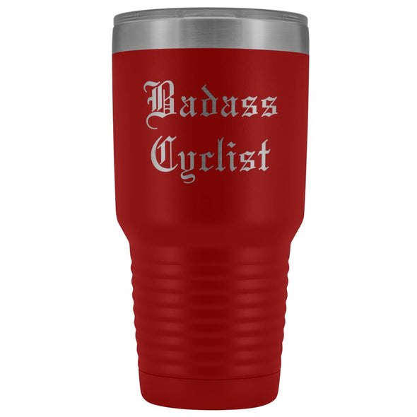 Unique Cycling Gift: Personalized Badass Cyclist Cool Fathers Day Birthday Bicycle Old English Insulated Tumbler 30 oz $38.95 | Red Tumblers