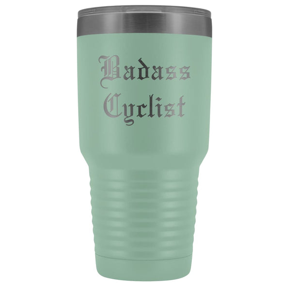 Unique Cycling Gift: Personalized Badass Cyclist Cool Fathers Day Birthday Bicycle Old English Insulated Tumbler 30 oz $38.95 | Teal