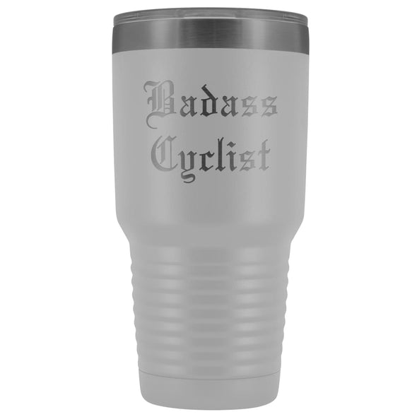 Unique Cycling Gift: Personalized Badass Cyclist Cool Fathers Day Birthday Bicycle Old English Insulated Tumbler 30 oz $38.95 | White