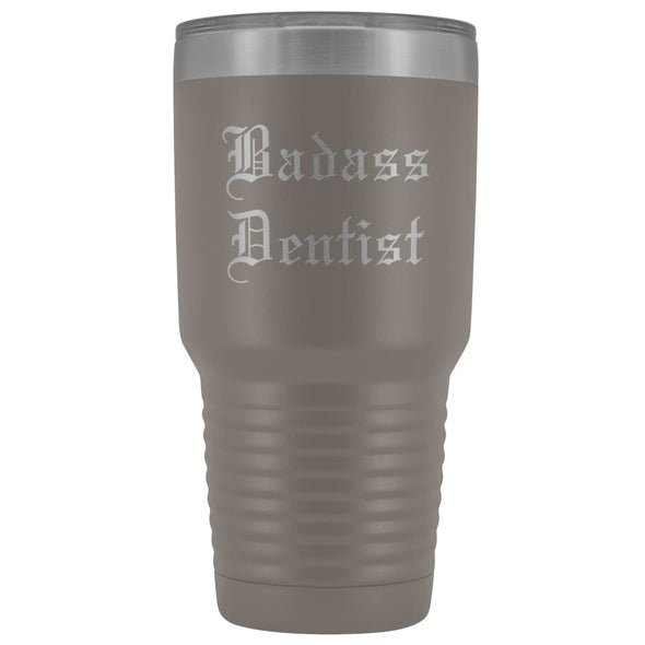 Unique Dentist Gift: Personalized Badass Dentist Graduation Novelty Thank You Dentistry Old English Insulated Tumbler 30 oz $38.95 | Pewter