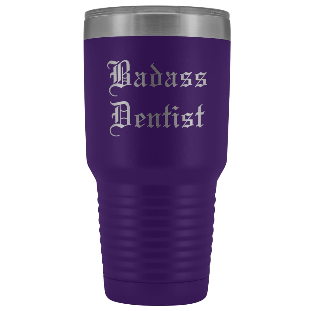 Unique Dentist Gift: Personalized Badass Dentist Graduation Novelty Thank You Dentistry Old English Insulated Tumbler 30 oz $38.95 | Purple