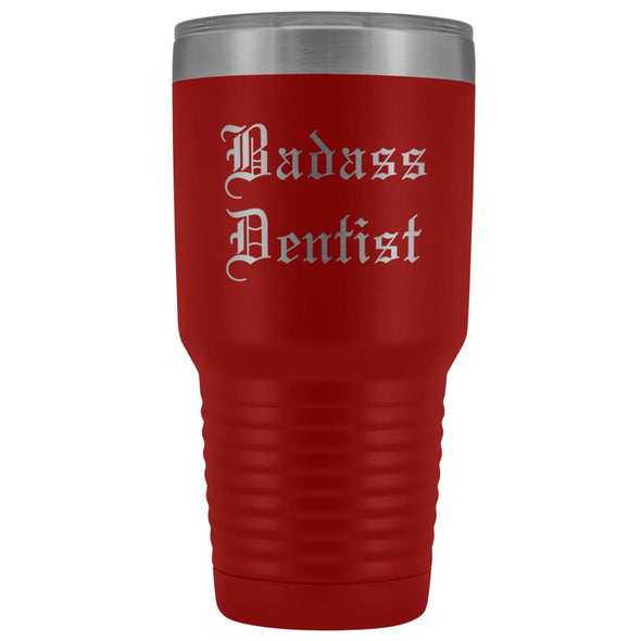 Unique Dentist Gift: Personalized Badass Dentist Graduation Novelty Thank You Dentistry Old English Insulated Tumbler 30 oz $38.95 | Red