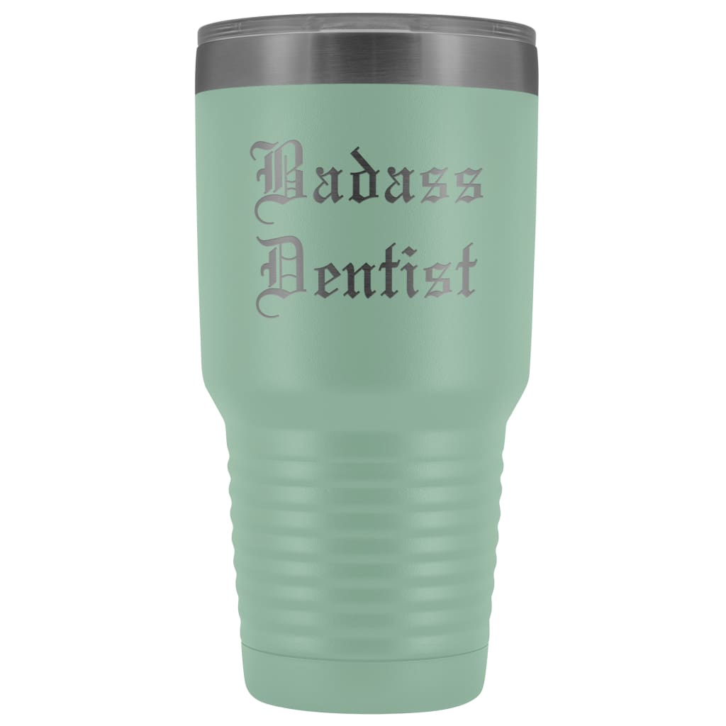 Unique Dentist Gift: Personalized Badass Dentist Graduation Novelty Thank You Dentistry Old English Insulated Tumbler 30 oz $38.95 | Teal