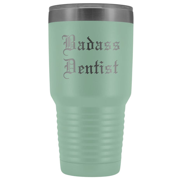 Unique Dentist Gift: Personalized Badass Dentist Graduation Novelty Thank You Dentistry Old English Insulated Tumbler 30 oz $38.95 | Teal