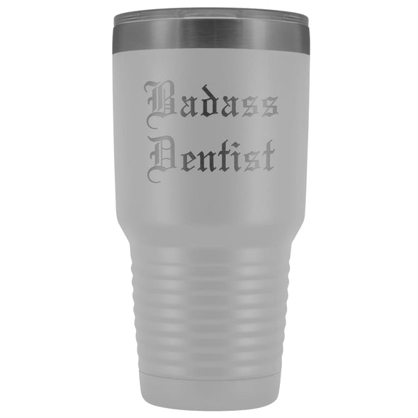 Unique Dentist Gift: Personalized Badass Dentist Graduation Novelty Thank You Dentistry Old English Insulated Tumbler 30 oz $38.95 | White