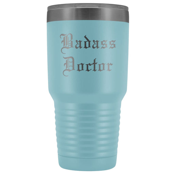 Unique Doctor Gift: Personalized Badass Doctor Medical Graduation Christmas Engraved Old English Insulated Tumbler 30 oz $38.95 | Light Blue
