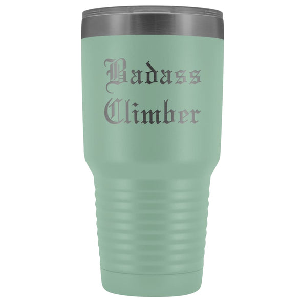 Unique Mountain Climber Gift: Personalized Badass Climber Outdoor Rock Climber Bouldering Old English Insulated Tumbler 30 oz $38.95 | Teal