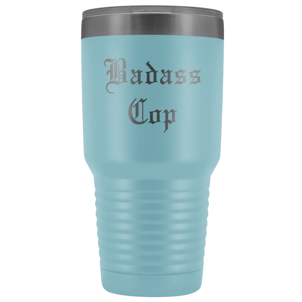 Unique Police Officer Gift: Personalized Badass Cop Cool Christmas Law Enforcement Old English Insulated Tumbler 30 oz $38.95 | Light Blue