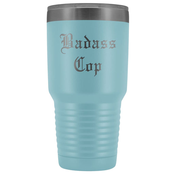 Unique Police Officer Gift: Personalized Badass Cop Cool Christmas Law Enforcement Old English Insulated Tumbler 30 oz $38.95 | Light Blue