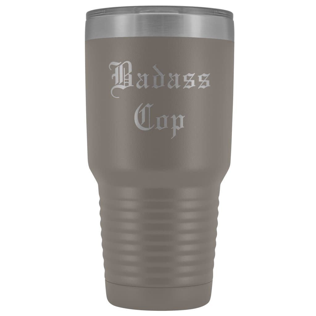 Unique Police Officer Gift: Personalized Badass Cop Cool Christmas Law Enforcement Old English Insulated Tumbler 30 oz $38.95 | Pewter