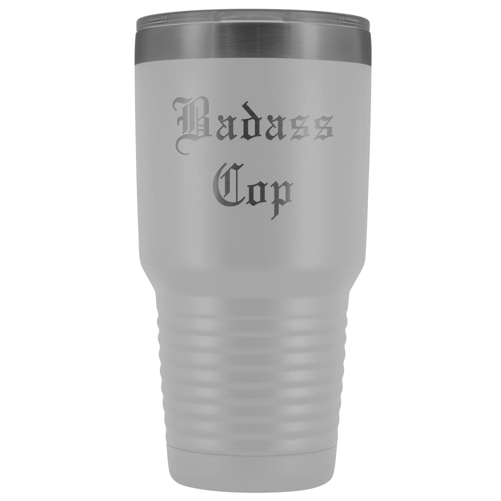 Unique Police Officer Gift: Personalized Badass Cop Cool Christmas Law Enforcement Old English Insulated Tumbler 30 oz $38.95 | White