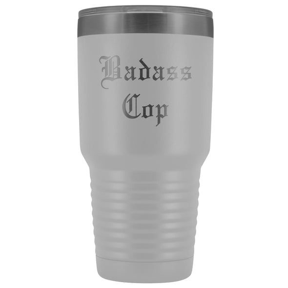 Unique Police Officer Gift: Personalized Badass Cop Cool Christmas Law Enforcement Old English Insulated Tumbler 30 oz $38.95 | White