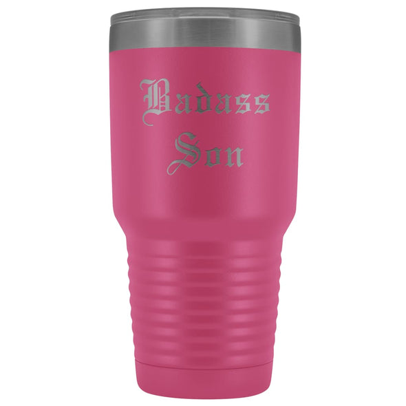 Unique Son Gift: Personalized Old English Badass Son 18th/21st Birthday Graduation Insulated Tumbler 30 oz $38.95 | Pink Tumblers