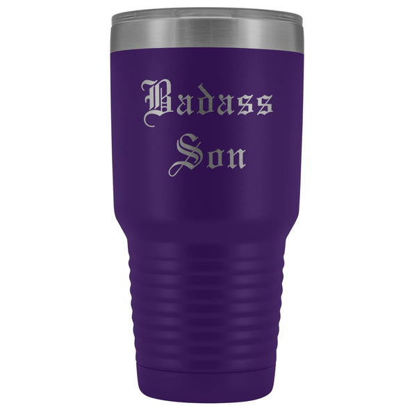 Unique Son Gift: Personalized Old English Badass Son 18th/21st Birthday Graduation Insulated Tumbler 30 oz $38.95 | Purple Tumblers