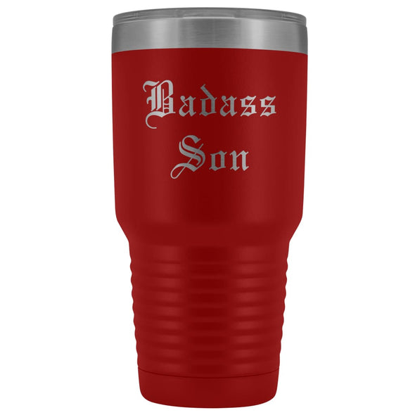 Unique Son Gift: Personalized Old English Badass Son 18th/21st Birthday Graduation Insulated Tumbler 30 oz $38.95 | Red Tumblers