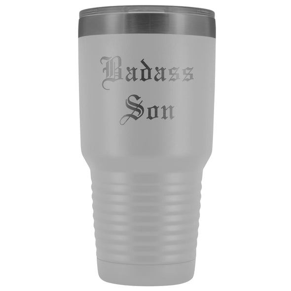 Unique Son Gift: Personalized Old English Badass Son 18th/21st Birthday Graduation Insulated Tumbler 30 oz $38.95 | White Tumblers